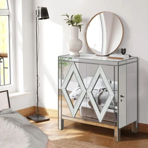Storage Cabinet Cupboard with Mirror Trim and Diamond Shape Design for Entryway - Picture 1 of 12