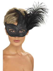 Black Ornate Columbian Eye Mask With Feather Masquerade Fancy Dress - Picture 1 of 1