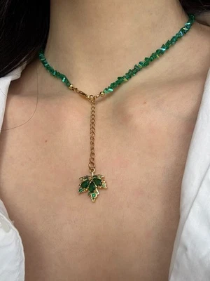 Collar Gargantilla Cristal Esmeralda con Colgante Hoja Oro Verde Hecho a Mano Exclusivo Foto 1 de 4