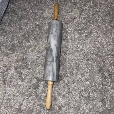 Marble Rolling Pin with Wood Stand Non Porous Non Stick Gray and White - Image 1 of 4