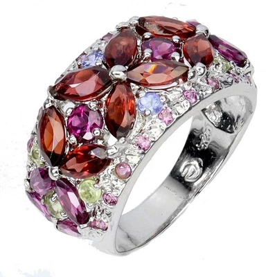 Anello in argento sterling 925 granato marchesa peridoto tanzanite misura... - Immagine 1 di 4