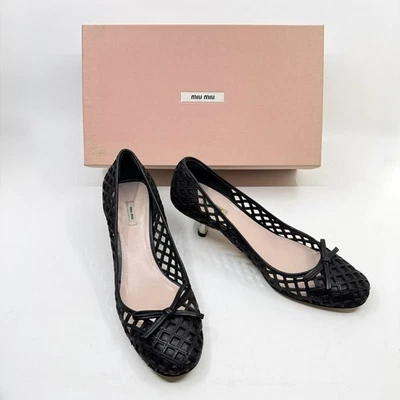MIU MIU Black Laser-Cutout Ballet Kitten Heel Pumps - 37.5/US 6.5 - Image 1 of 4