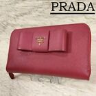 Prada Long Wallet Round Zipper Saffiano Leather Pink Ribbon From Japan