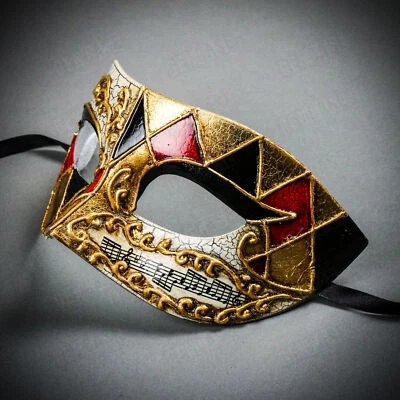 Venetian Men Masquerade Ball Outfit Party Eye Mask w/ Gold Black Musical Motifs - Image 1 of 4