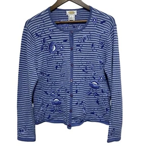 Talbots Strickjacke Damen L blau Blumenstickerei Knopfleiste Streifen Langarm - Bild 1 von 10