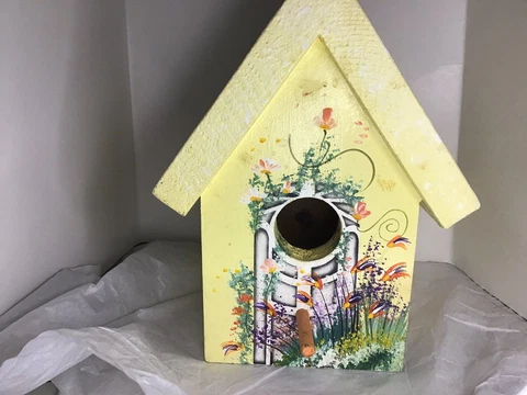Vintage Decorative Signed Hand Painted Wooden Bird House Wooden Cover
