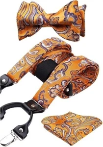 Hisdern Bow Tie Suspenders Pocket Square Set Adjustable Men Floral Paisley NIP - Picture 1 of 6