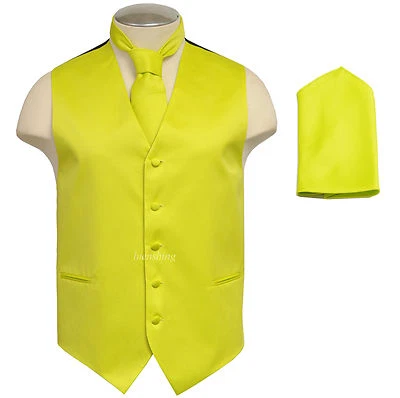 New Brand Q Men's Tuxedo Vest Waistcoat Necktie & Hankie Set Florescent Yellow - Image 1 of 4