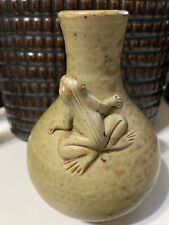 Small Green Ceramic Bud Vase With Tree Frog Made in Indonesia 5" Tall 