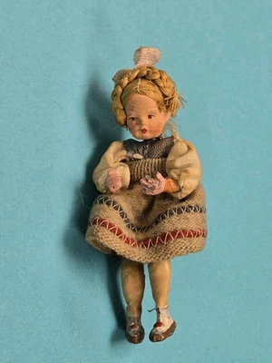 Vtg German Caco Dollhouse Doll Little Girl With Braids Metal Hand & Feet 3.75” - Image 1 of 4