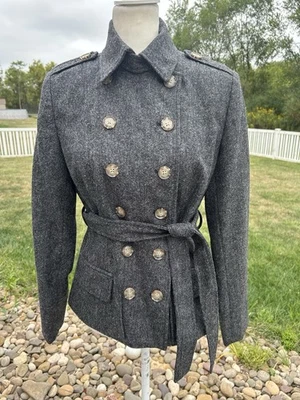 Jaqueta blazer militar J. Peterman cinza carvão lã peito duplo com cinto 4 P - Imagem 1 de 4