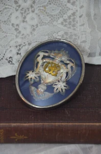 Antikes Votivherz Votivgabe Flammendes Herz Ex Voto Metallrahmen gewölbtes Glas - Bild 1 von 5