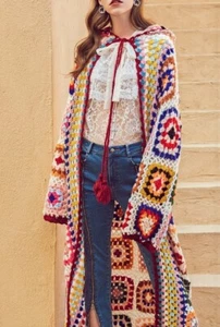 Crochet Granny Square Handmade Cardigan Knit Long Rainbow Hooded Cardigan Boho - Picture 1 of 6