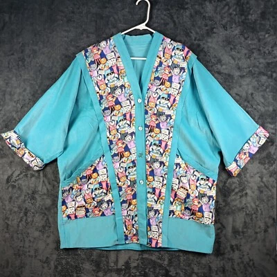 Scrub Jacket Women Medium Blue Cat Print Vet Tech Groomer Medical Button Up - Image 1 of 4