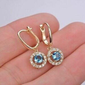 2 Ct Round Simulated Aquamarine Drop/Dangle Halo  Earrings 14K Rose Gold Plated