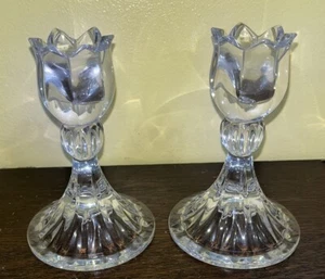 2 Mikasa Candlesticks Candleholders  Tulip Lead Crystal Clear - 4.75” - Picture 1 of 3
