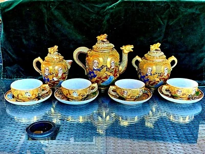 BEAUTIFUL ANTIQUE JAPANESE SATSUMA TEA SET DRAGON DESIGN - Image 1 of 4