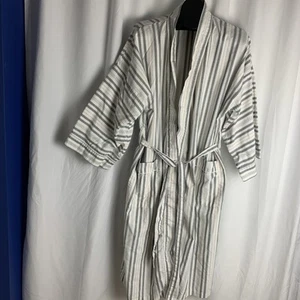 Vintage Pierre Cardin Men's One Size Long Robe Cotton Blend Grey- White Striped - Imagen 1 de 8