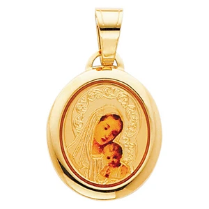 14K Yellow Gold Religious Enamel Picture Virgin Mary Jesus Pendant for Necklace - Picture 1 of 5