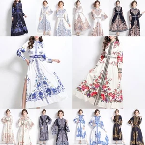 Vintage Floral Print Stand O Neck Belt Long Sleeve Women Casual Party Maxi Dress - Picture 1 of 48