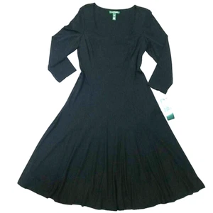 Ralph Lauren Midi Dress Women 12 Black Stretch Fit Flare Scoop Neck ¾ Sleeve NWT - Picture 1 of 7