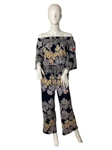 Raga Women's Navy Paisley and Embroidered Off The Shoulder Jumpsuit Size M NWT - Picture 1 of 6