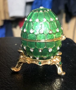 Green & Gold Enamel 2” High Clear Crystals Egg Trinket Box on Stand w necklace - Picture 1 of 9