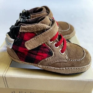 Robeez Shoes First Kicks Lil Logger Boots 6-9 Month Coffee Red Plaid Leather NIB - Picture 1 of 9