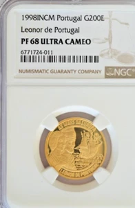 LEONOR of PORTUGAL 200 EURO GALLEON SHIP GOLD COIN HISTORY SERIES 1998 NGC 68 - Picture 1 of 3