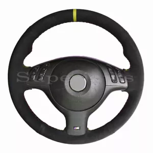 Black Suede Yellow Strip Leather Steering Wheel Stitch on Wrap Cover For BMW E46 - Picture 1 of 10