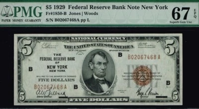 $5 1929 FRNB New York. Fr. 1850-B. TOP POP NOTE. PMG 67 EPQ - Image 1 of 3