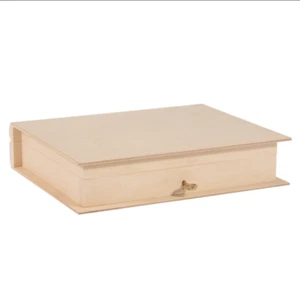 Wooden Book-Shaped Storage Box with Lid and Key – Beech Wood, 21 x 17 x 4.5 cm - Picture 1 of 3