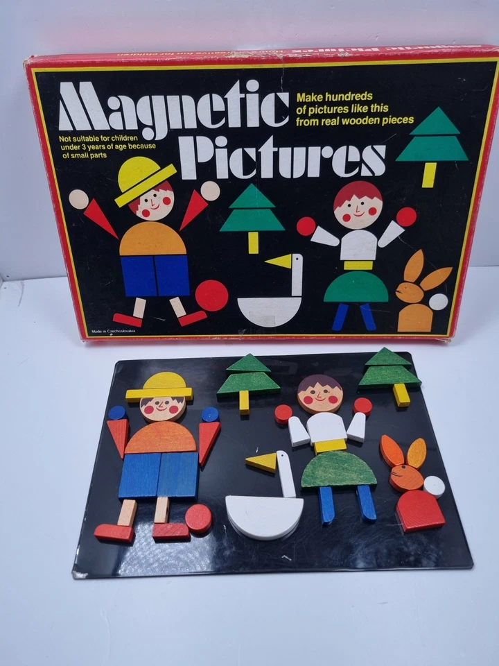 Vintage 70s Magnetic Pictures  Activity Board wooden pieces Czechoslovakia  - Image 1 of 4