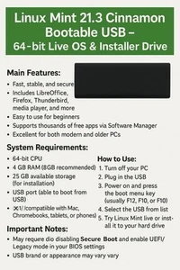 Linux Mint 21.3 Cinnamon Bootable USB – 64-bit Live OS & Installer Drive - Picture 1 of 1