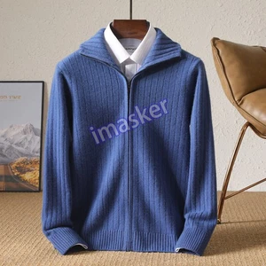 Wool Men's Cardigan Half High Collar Sweater Zipper Jacket Business Knitted Coat - Picture 1 of 13