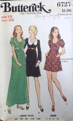 Mini Vestido de Noche Vintage Años 70 Butterick 6727 Escote en U PATRÓN DE COSTURA Junior 13 Foto 1 de 4