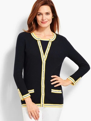 Talbots XL Navy Cardigan Sweater with Pearl Buttons & Yellow Trim - Image 1 of 4