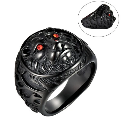 Hombres 316L Negro Chapado Acero Inoxidable León Ojo Rojo Anillo Rock Punk Banda Talla 7-13 Foto 1 de 4