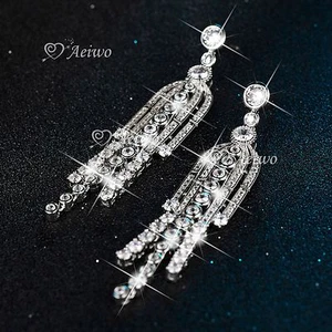 18K WHITE GOLD SIMULATED DIAMOND PARTY STUD LUXURY TASSEL CLUSTER EARINGS - Picture 1 of 3