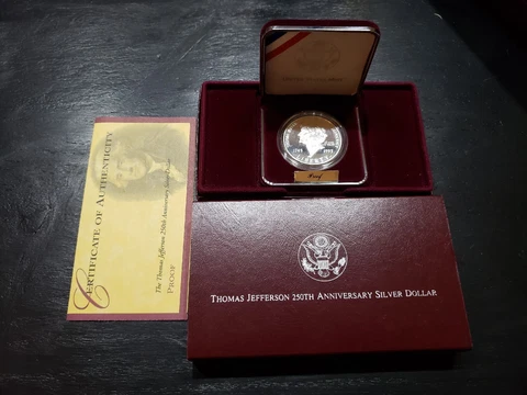 1993 Thomas Jefferson Proof Commemorative 90% Silver Dollar w/ OGP Cover