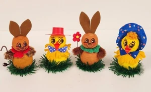 Vintage set of 4 Easter Rabbits & Chicks Spun Cotton Figurines West Germany - Picture 1 of 5
