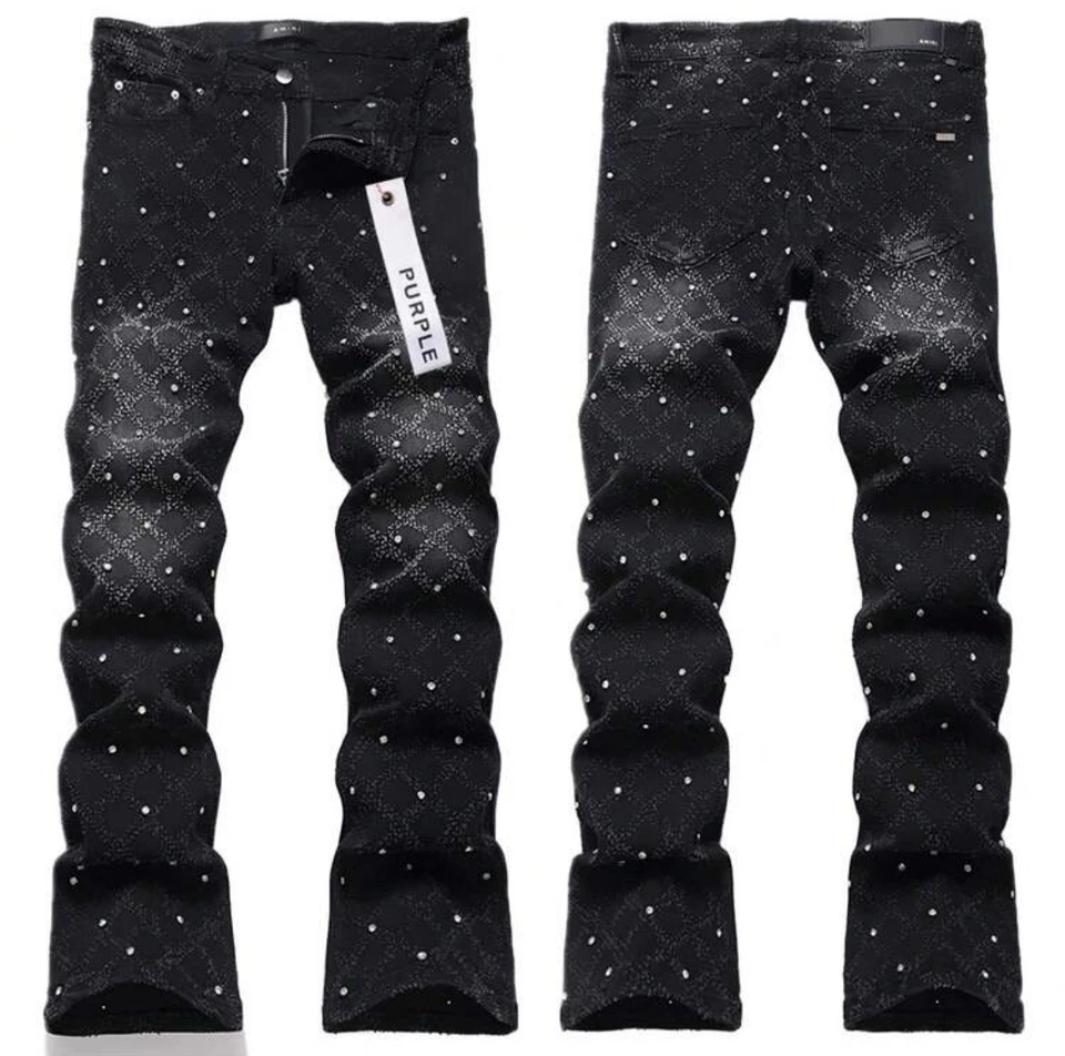 Pantalones de mezclilla desgastados acampanados acampanados ajustados morados para hombre Foto 1 de 3
