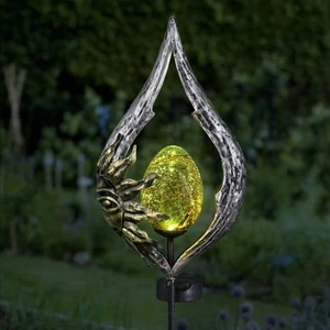 Garden Stake, Sun on a Teardrop Solar Garden Sculpture, LED Amber Crackle Gla... - Picture 1 of 9