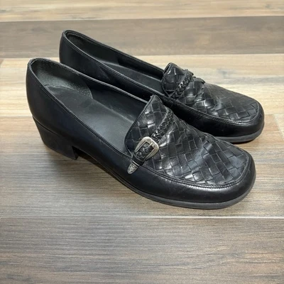 复古 90 年代 Y2K Unisa 女式黑色皮革压花扣粗跟乐福鞋 8.5 码 — 第 1/4 张图片