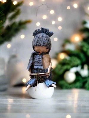 Primitive Christmas Handcrafted Light Blue Scarf Snowman Doll w/ Hat and Greens - Image 1 of 4