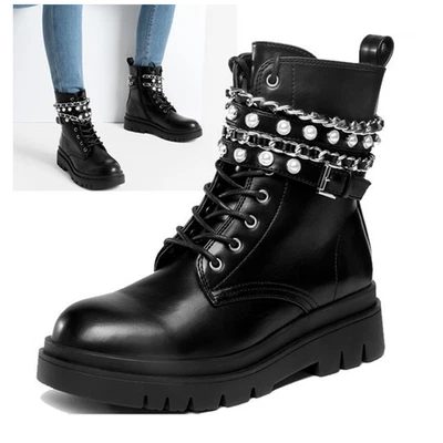 Women Ankle Boots Punk Platform Side Zipper Metal Chain Combat Boots Shoes - Image 1 of 2