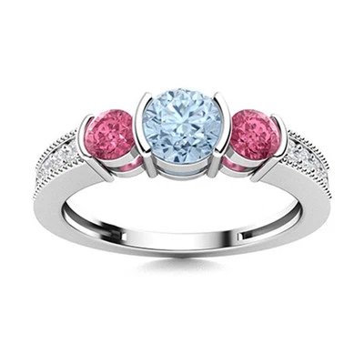 Juego de semi bisel anillo de tres piedras de plata de ley 925 y aguamarina rosa circonita cúbica de 5 mm Foto 1 de 4