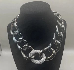 Vtg KJL Kenneth J Lane Pave Rhinestone Bold Chunky Gray Chain Statement Necklace - Picture 1 of 9