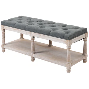 2-Tier Bed End Bench, Vintage Stool Button Tufted Window Seat, Grey, Bed stool - Picture 1 of 9