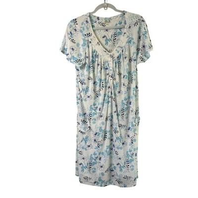Aria Nightgown Womens Size L White Blue Floral Short Sleeve Sleep Dress Pajamas - Image 1 of 4